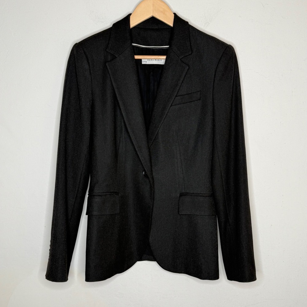 Zara Basic Blazer Womens Medium Charcoal Gray One Button Professional Office